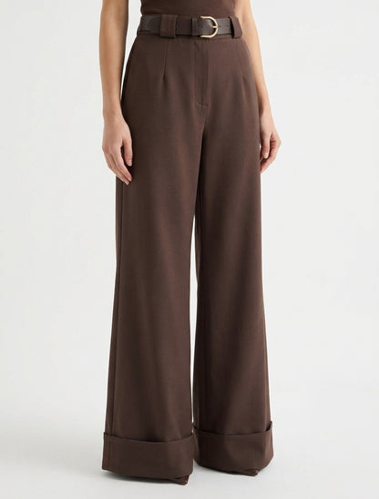 Pantaloni a vita alta con risvolto - Marrone
