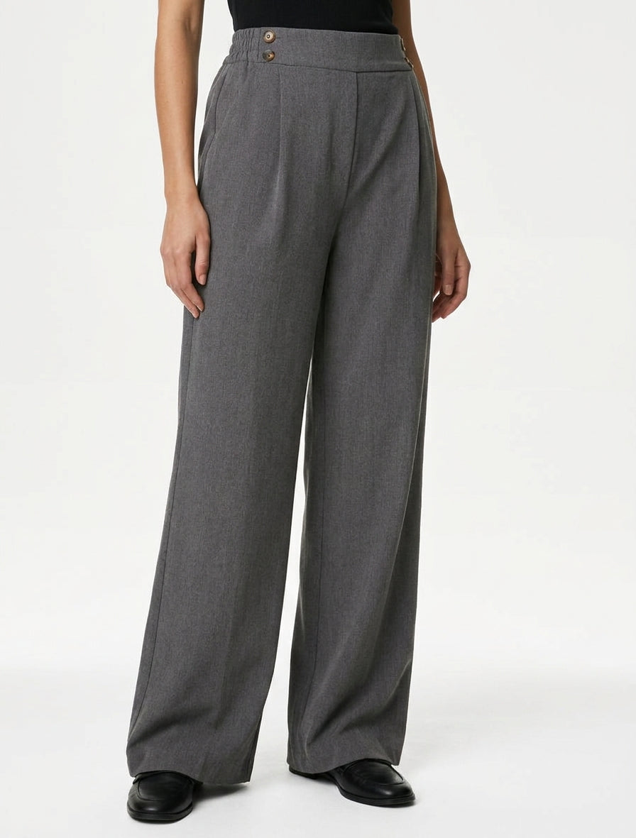 Pantaloni ampi a vita alta con bottoni - Grigio