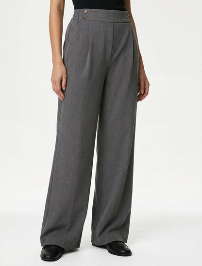 Pantaloni ampi a vita alta con bottoni - Grigio