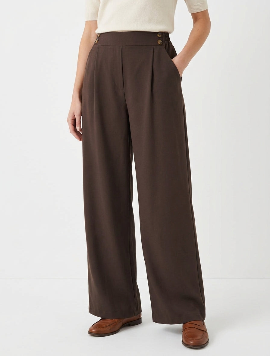 Pantaloni ampi a vita alta con bottoni - Marrone