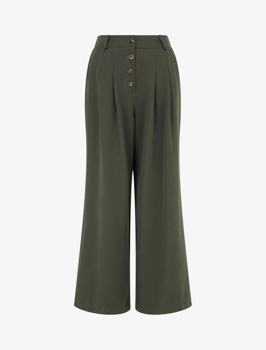 Pantalon ample à taille haute élastiquée et boutonnée - Kaki - 1