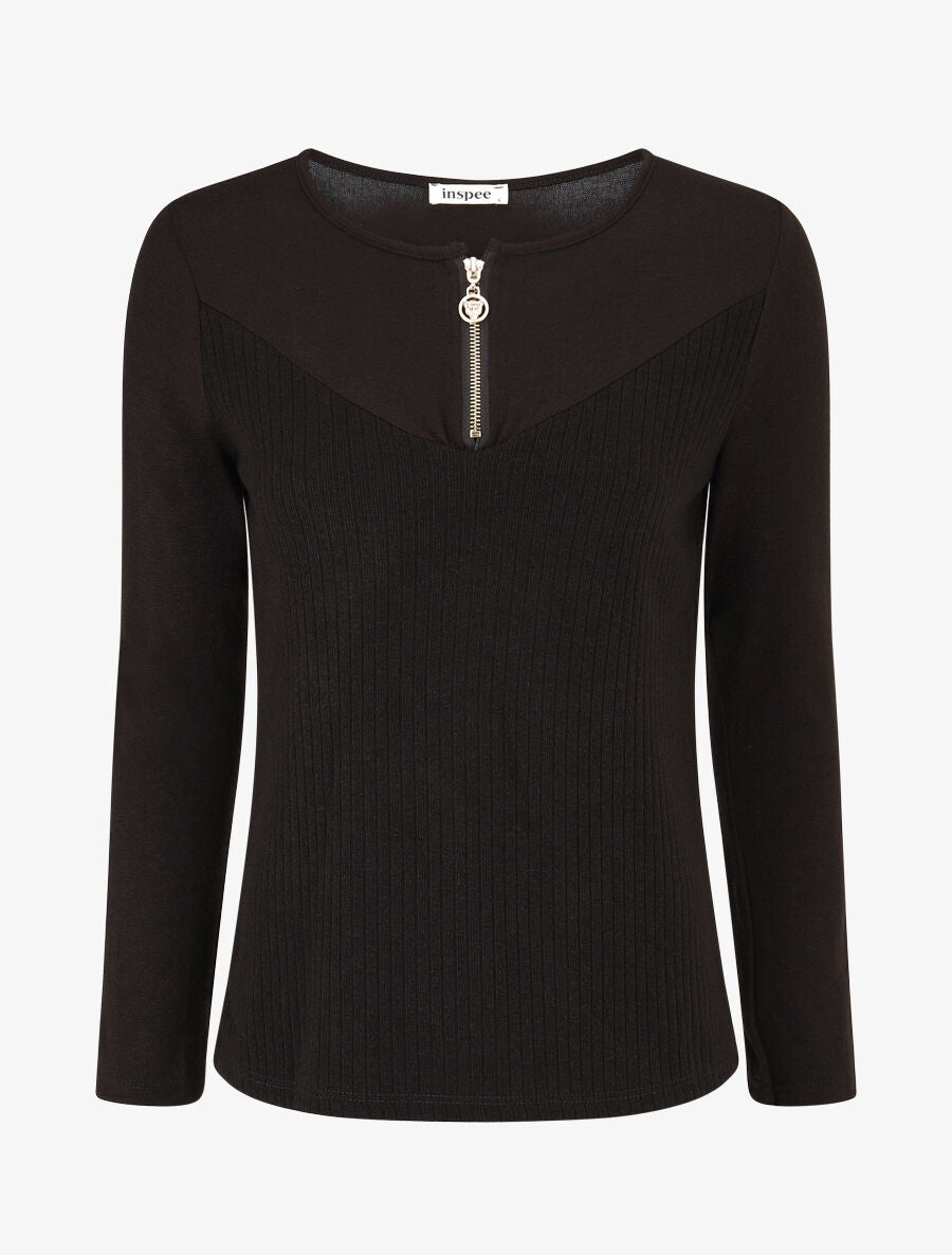 Pull bimatière à encolure zippée - Noir - 4