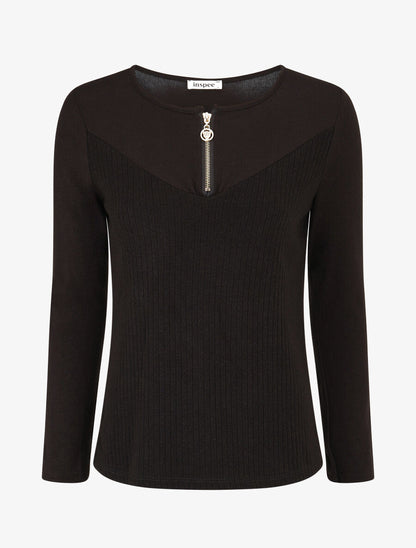 Pull bimatière à encolure zippée - Noir - 4