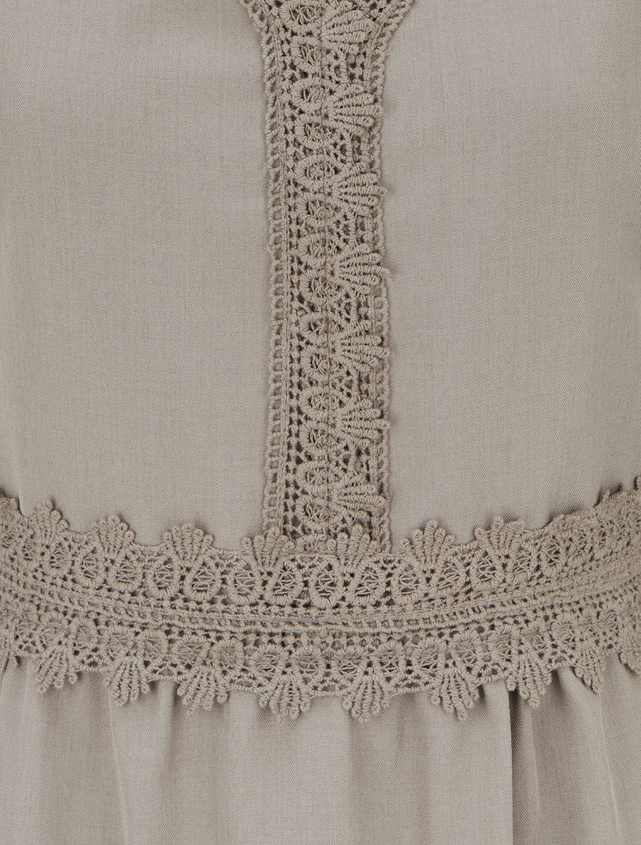 Robe évasée unie à manches longues et dentelle - Taupe - 3