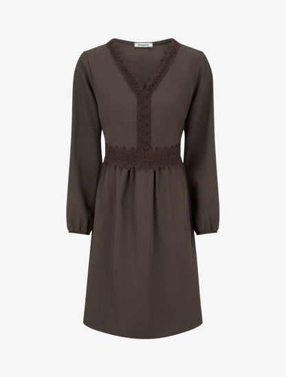 Robe évasée unie à manches longues et dentelle - Marron - 1