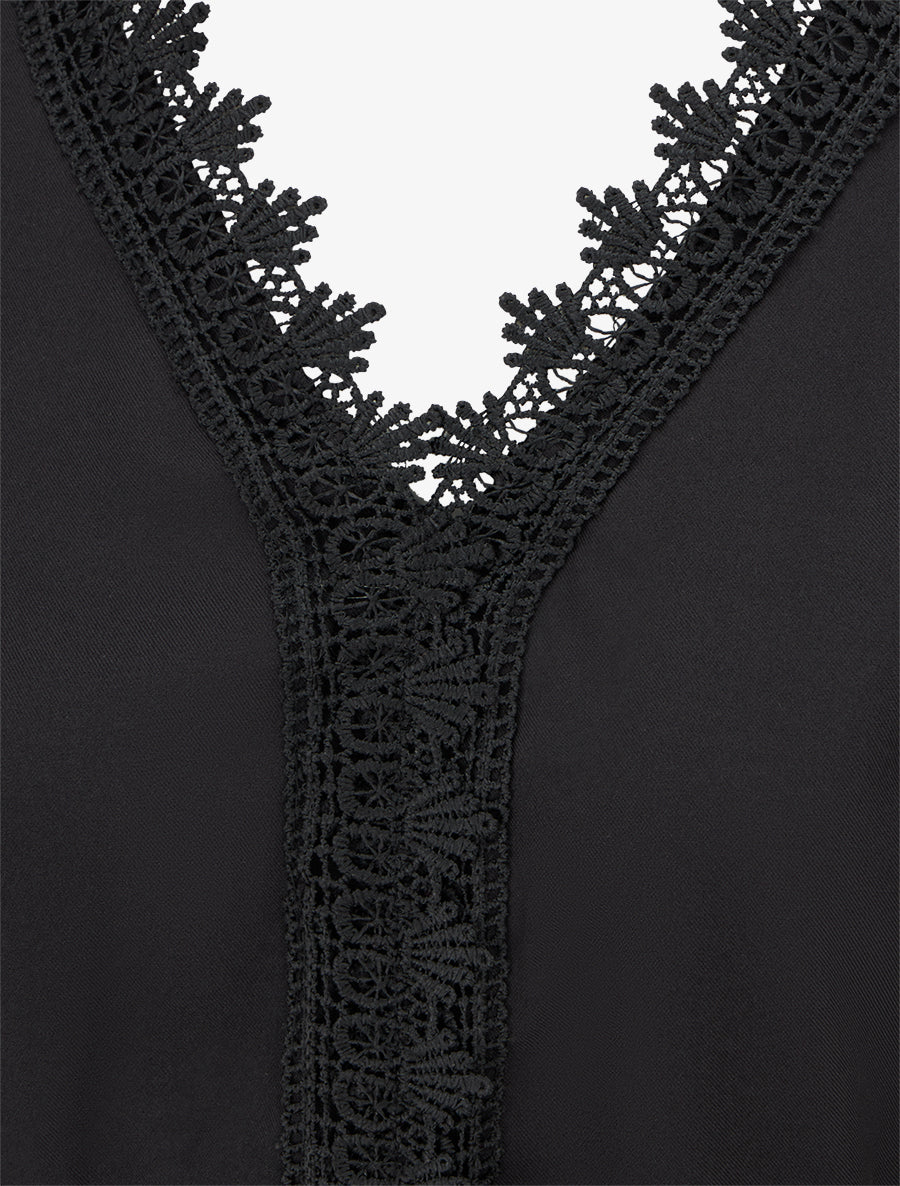 Robe évasée unie à manches longues et dentelle - Noir - 3