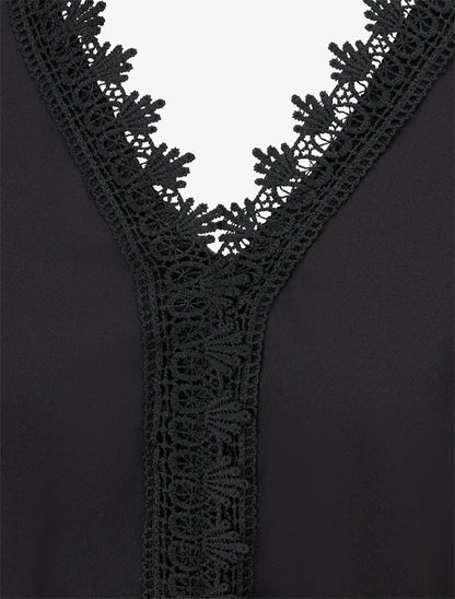 Robe évasée unie à manches longues et dentelle - Noir - 3
