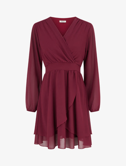 Robe unie style portefeuille à manches longues - Lie de vin - 1