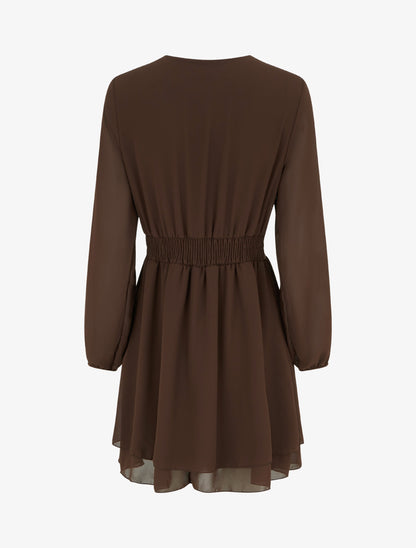 Robe unie style portefeuille à manches longues - Marron - 2