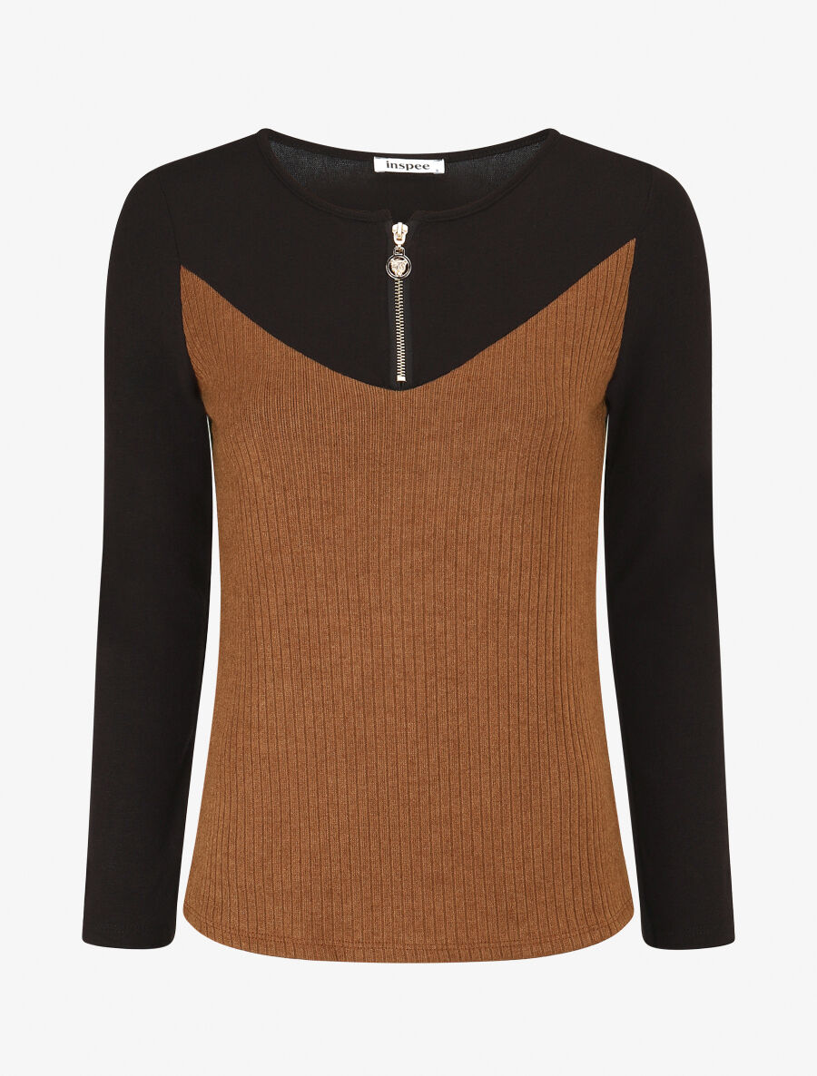 Pull bimatière à encolure zippée - Camel - 4