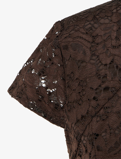 Robe moulante à buste en dentelle et manches courtes - Marron - 3