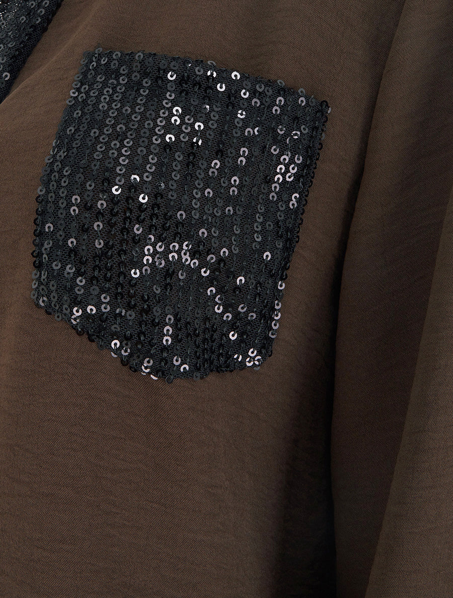 Top droit à col V et poche à sequins - Marron - 3