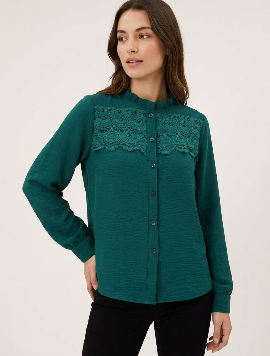 Blusa con collo alto arricciato e pizzo - Verde scuro
