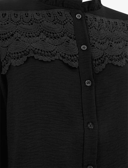 Blouse à col montant volanté et dentelle - Noir - 3