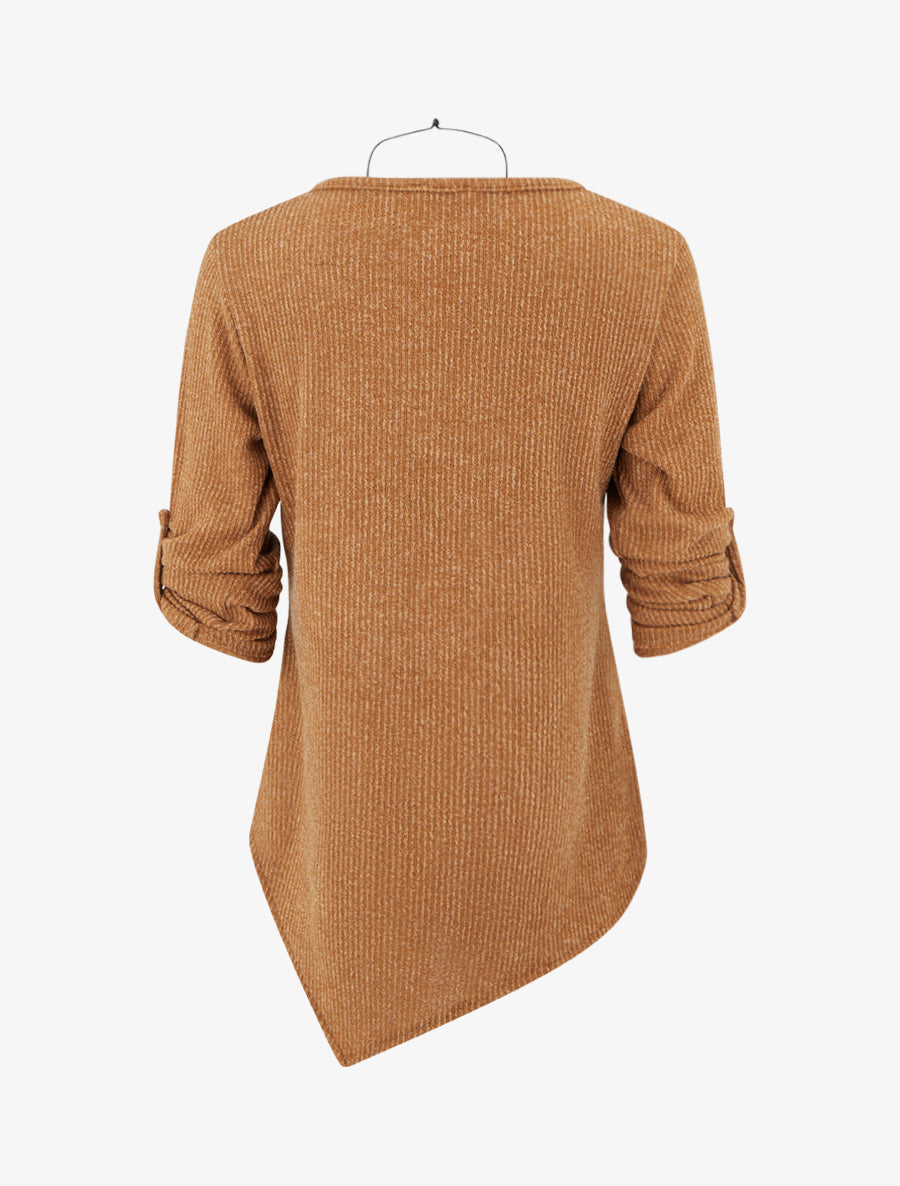 Pull effet côtelé à manches longues retroussables - Camel - 2