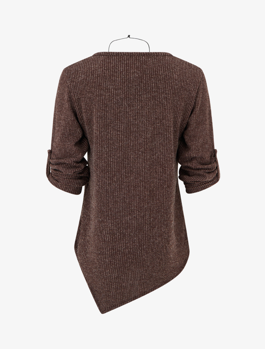 Pull effet côtelé à manches longues retroussables - Marron - 2