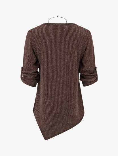 Pull effet côtelé à manches longues retroussables - Marron - 2