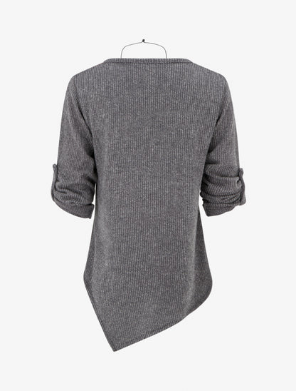 Pull effet côtelé à manches longues retroussables - Gris - 2