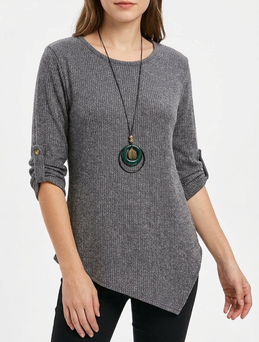 Maglione effetto a coste con maniche lunghe arrotolabili. - Grigio
