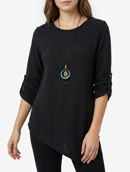 Maglione effetto a coste con maniche lunghe arrotolabili. - Nero