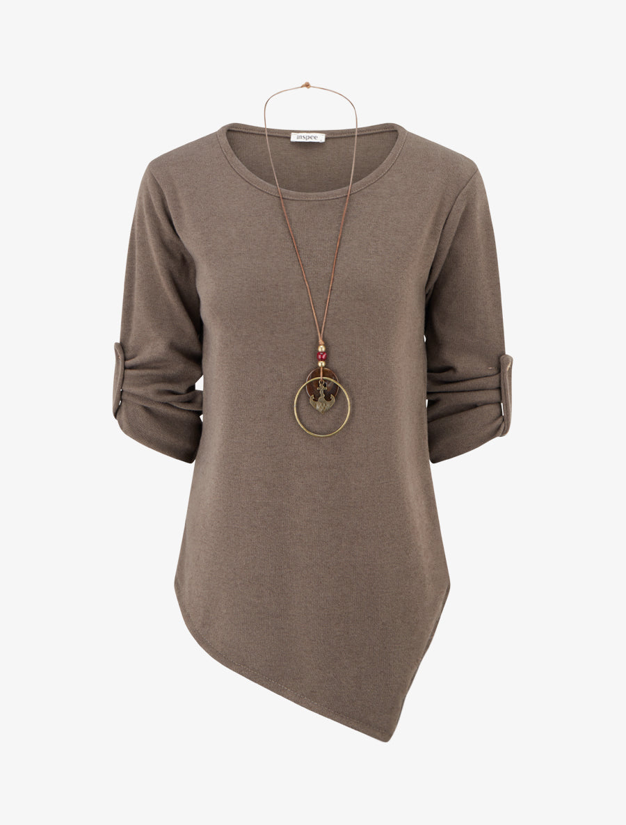 Pull uni à manches longues retroussables - Taupe - 1