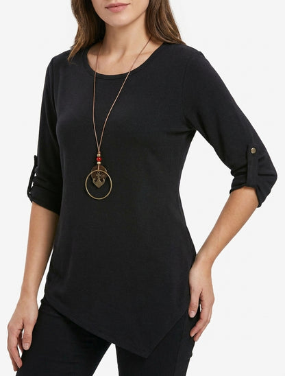 Maglione a tinta unita con maniche lunghe arrotolabili - Nero