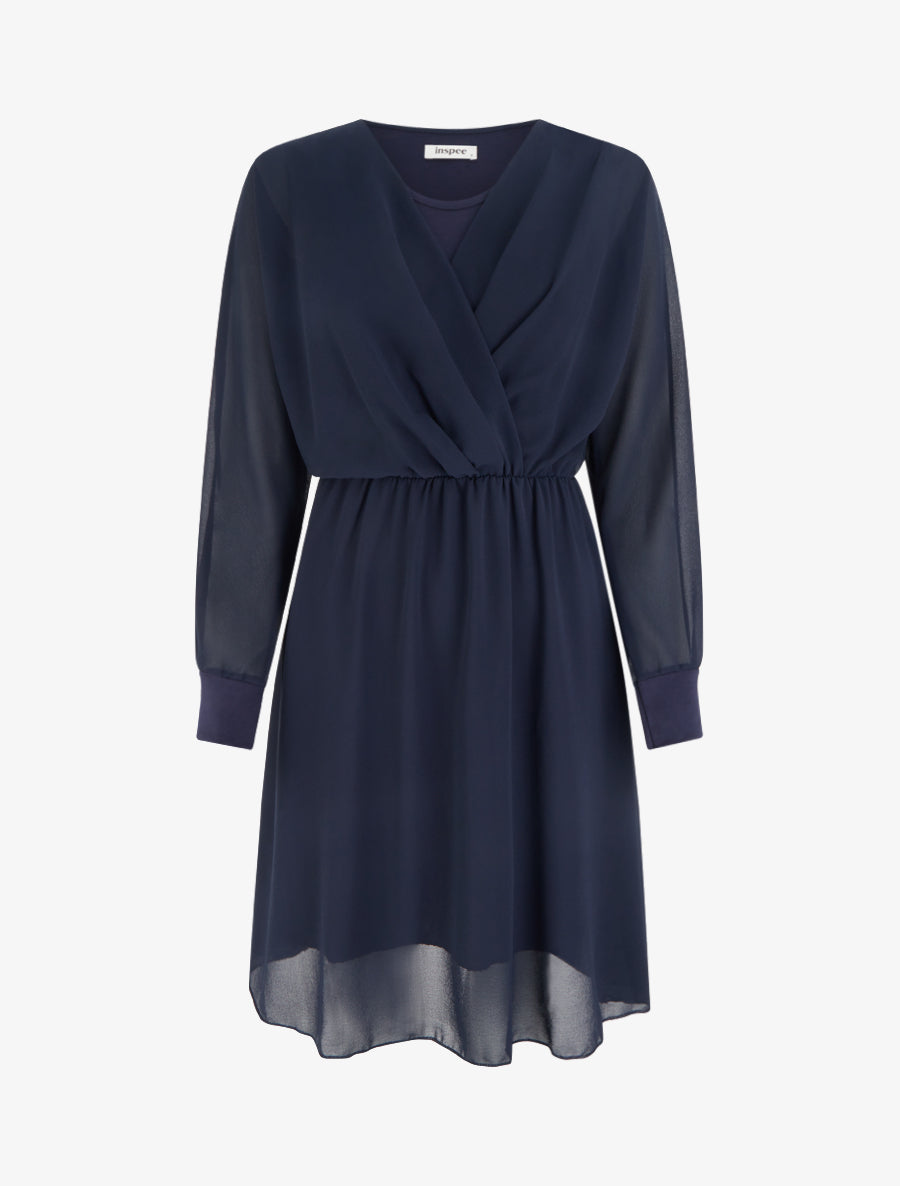 Robe évasée en voile à col cache-coeur - Marine - 1