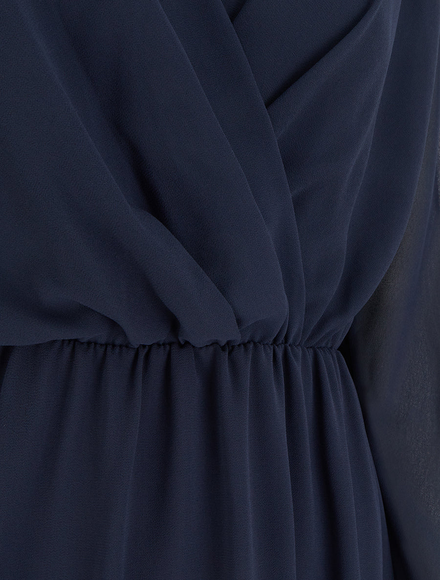 Robe évasée en voile à col cache-coeur - Marine - 3