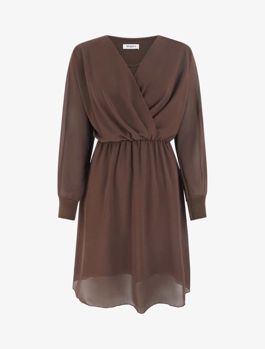 Robe évasée en voile à col cache-coeur - Marron - 1