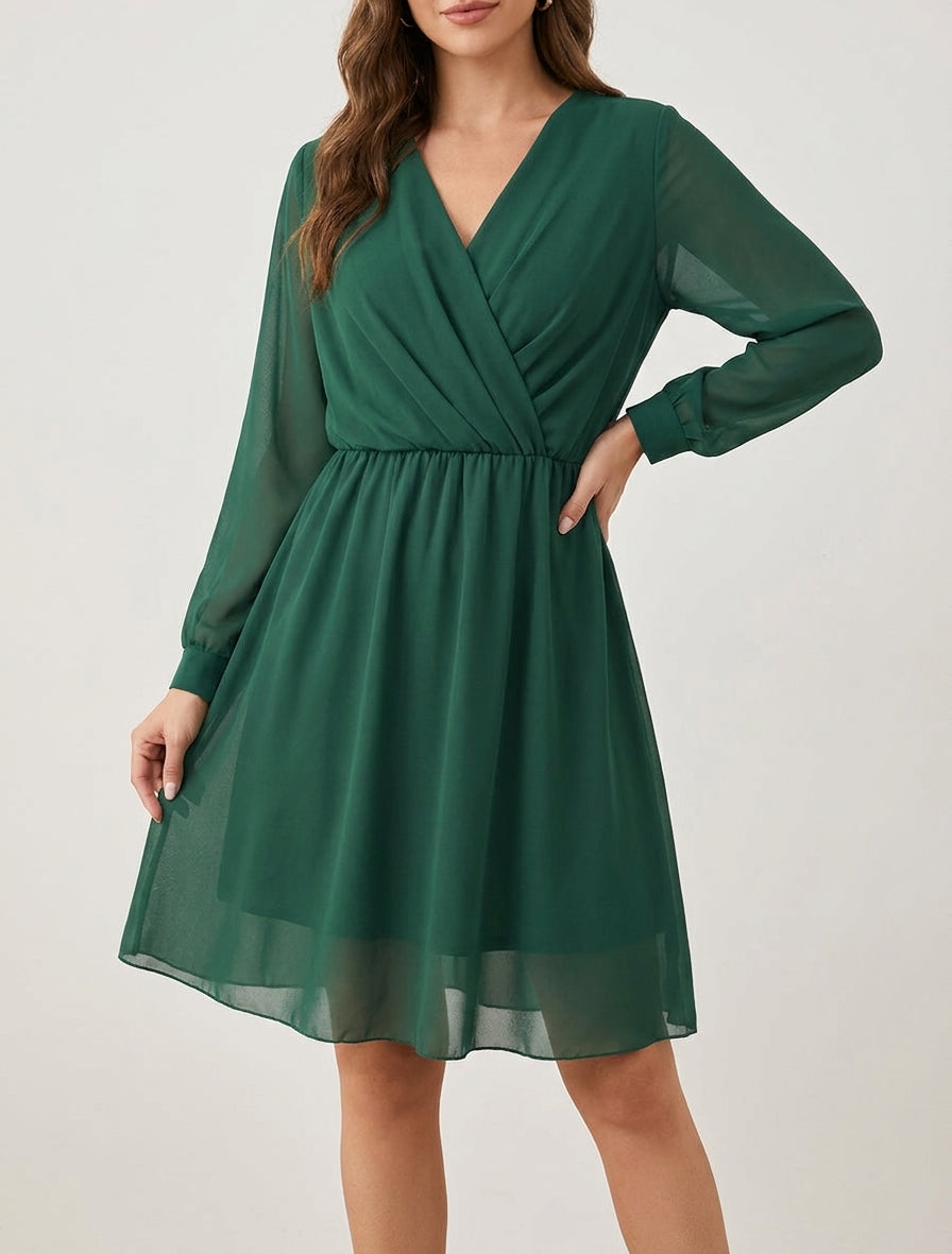 Abito svasato in voile con scollo a portafoglio - Verde scuro
