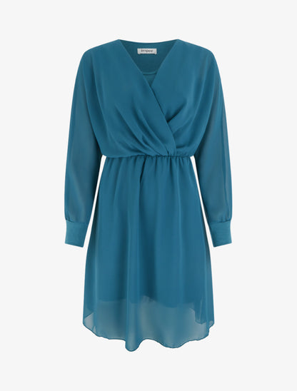 Robe évasée en voile à col cache-coeur - Bleu canard - 1