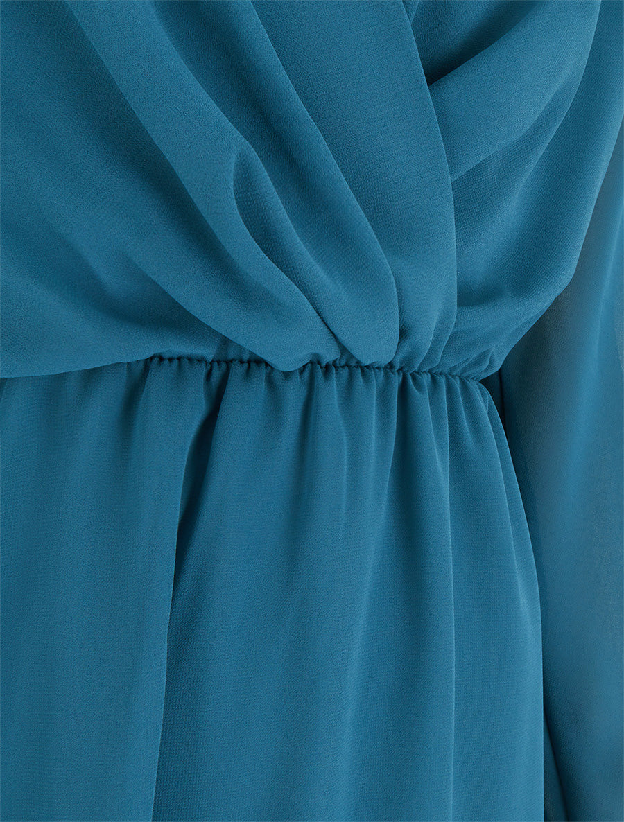 Robe évasée en voile à col cache-coeur - Bleu canard - 3