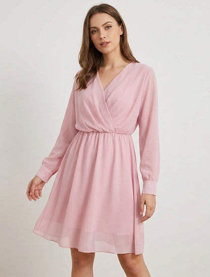 Abito svasato in voile con scollo a portafoglio - Rosa