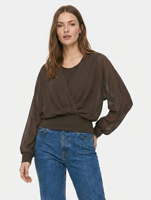 Top con maniche stile pipistrello e pannelli incrociati - Marrone