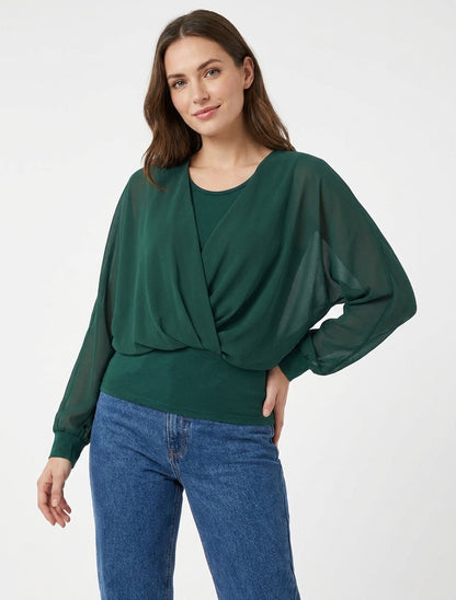 Top con maniche stile pipistrello e pannelli incrociati - Verde scuro
