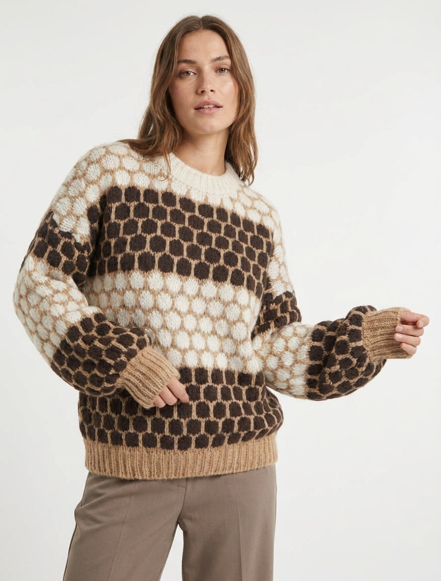 Maglione in misto mohair con motivo a cerchi - Marrone/ecru