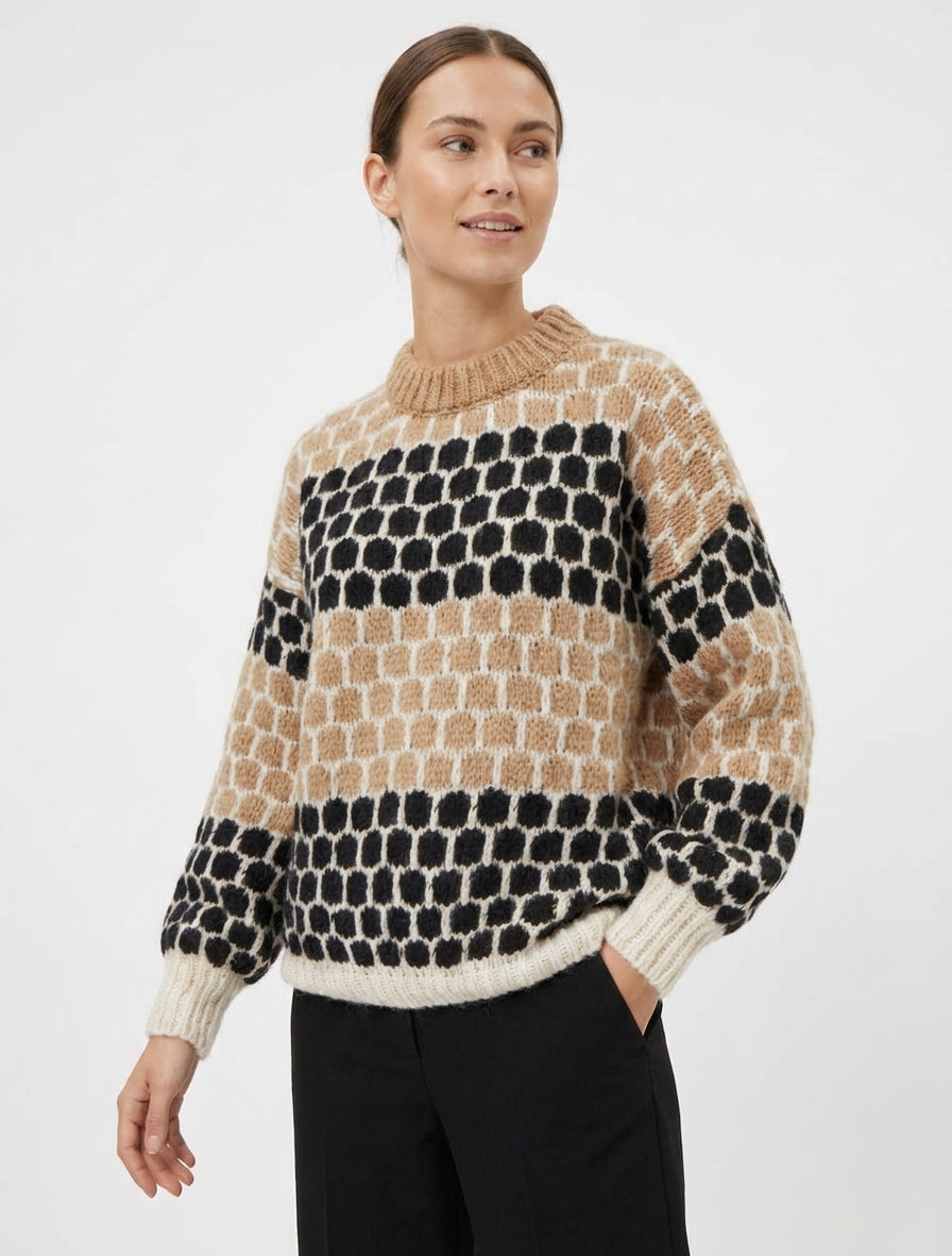 Maglione in misto mohair con motivo a cerchi - Chameau/nero