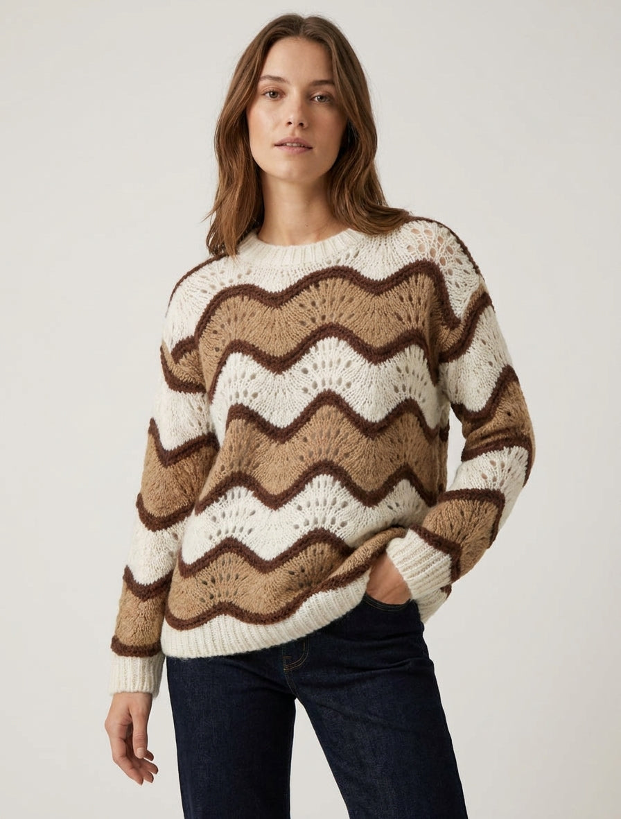 Maglione in misto mohair a motivo righe curve - Chameau/ecru