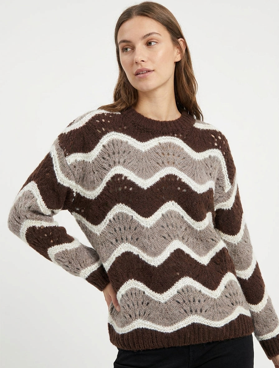Maglione in misto mohair a motivo righe curve - Marrone/talpa