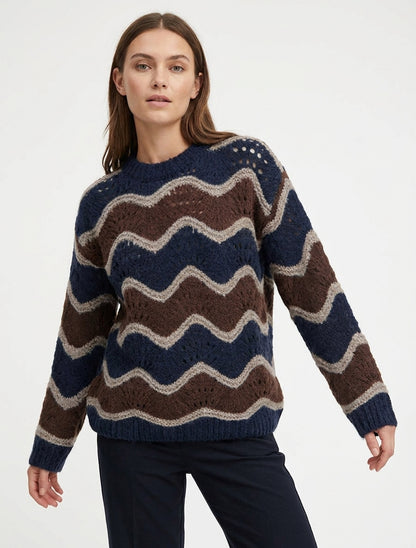 Maglione in misto mohair a motivo righe curve - Marrone/blu marino