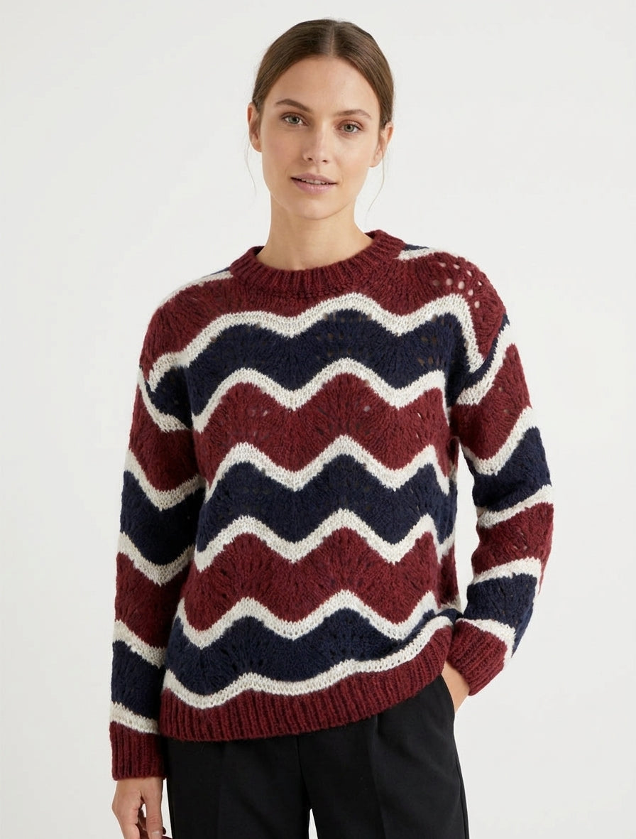 Maglione in misto mohair a motivo righe curve - Marine/bordeaux