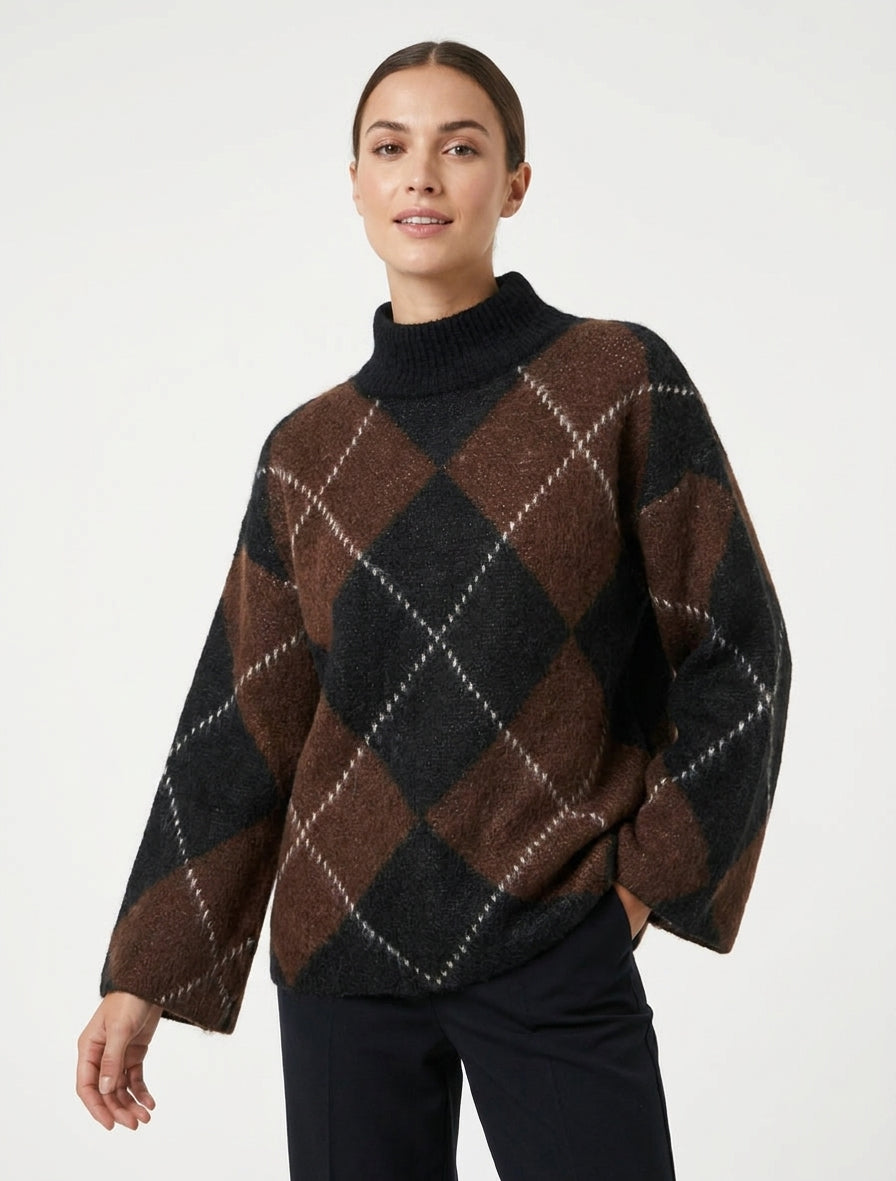 Maglione a collo alto e motivo a quadri in misto mohair - Marrone