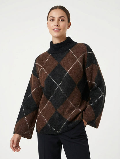 Maglione a collo alto e motivo a quadri in misto mohair - Marrone
