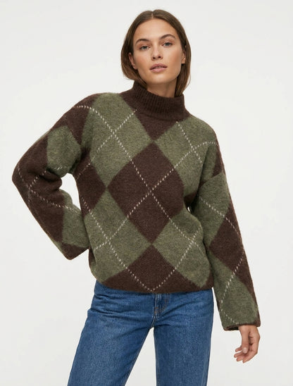 Maglione a collo alto e motivo a quadri in misto mohair - Cachi