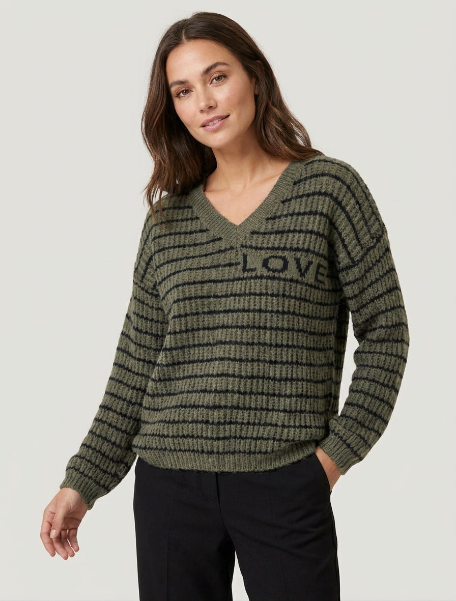 Maglione in mohair con scritta LOVE a righe - Cachi