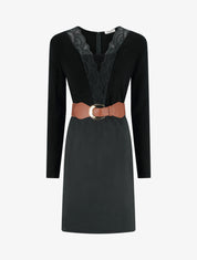 Robe droite bimatière à détail dentelle - Noir - 1