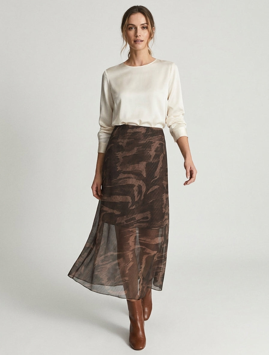 Gonna lunga dritta in voile iridescente con stampa astratta - Marrone