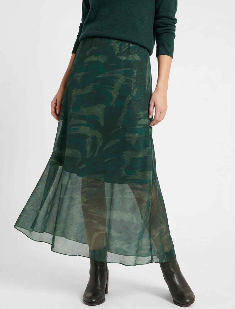 Gonna lunga dritta in voile iridescente con stampa astratta - Verde scuro
