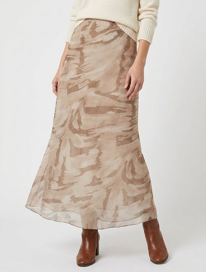 Gonna lunga dritta in voile iridescente con stampa astratta - Beige