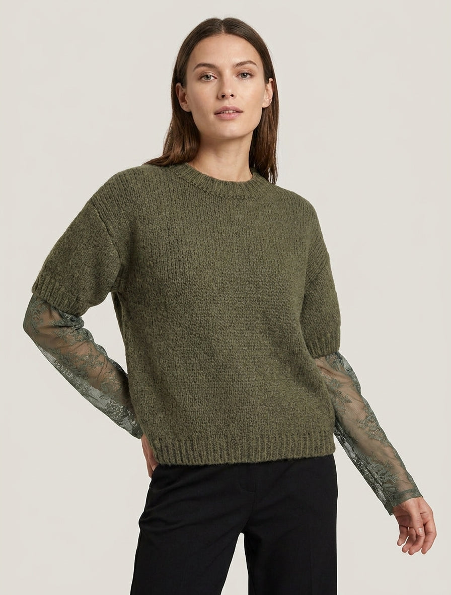 Maglione a tinta unita a maniche lunghe bicolore. - Cachi